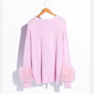 cinq a sept Pink Sweater with Fox Fur Sleeve Cuffs